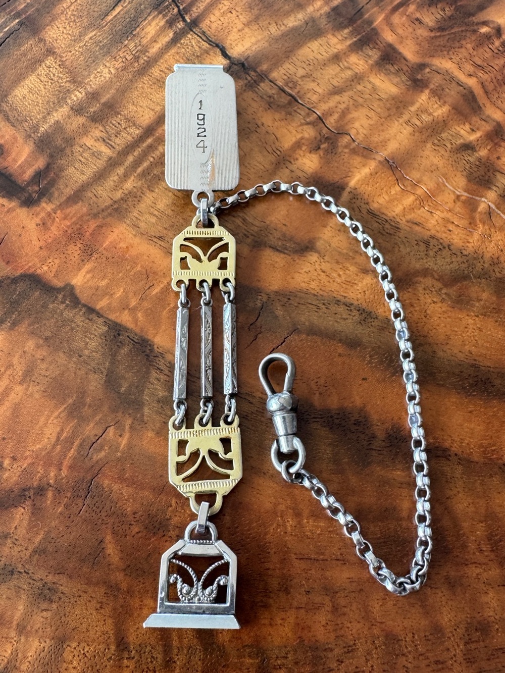 Landau (?) Two-Tone Silver and Gold Watch Chain Fob with Decorative Panels
